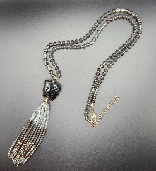 Black Tourmaline Crystal Bead Necklace w/ Tassel Style Pendant + 2 Sleek Chokers