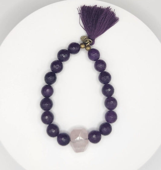 Amethyst & Rose Quartz Healing & Energizing Gemstone Bracelet w/ Tassel