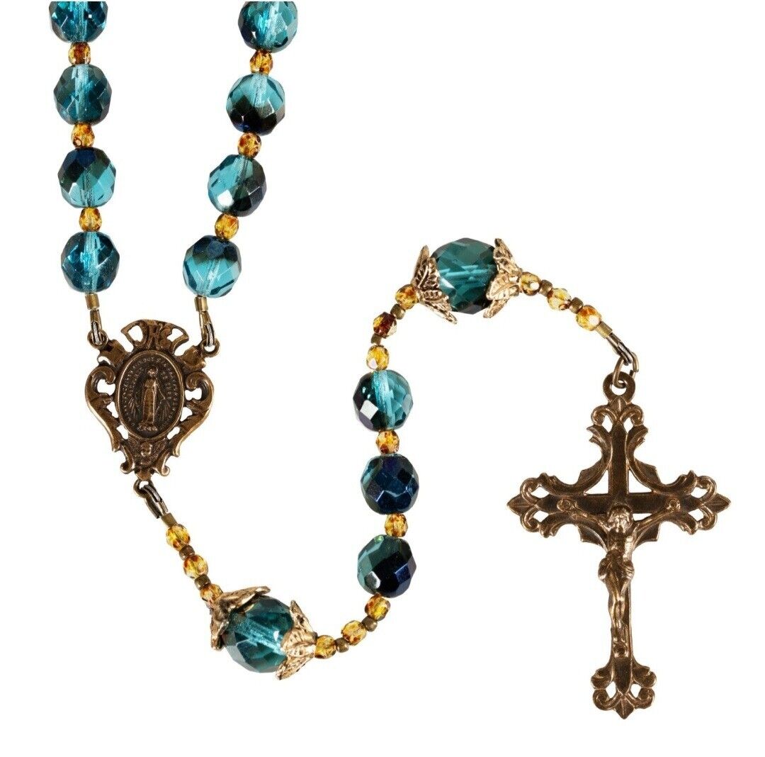 Cross Pendant Rosary Necklace w/ Antiqued Bronze Cross & Brilliant Crystal Beads