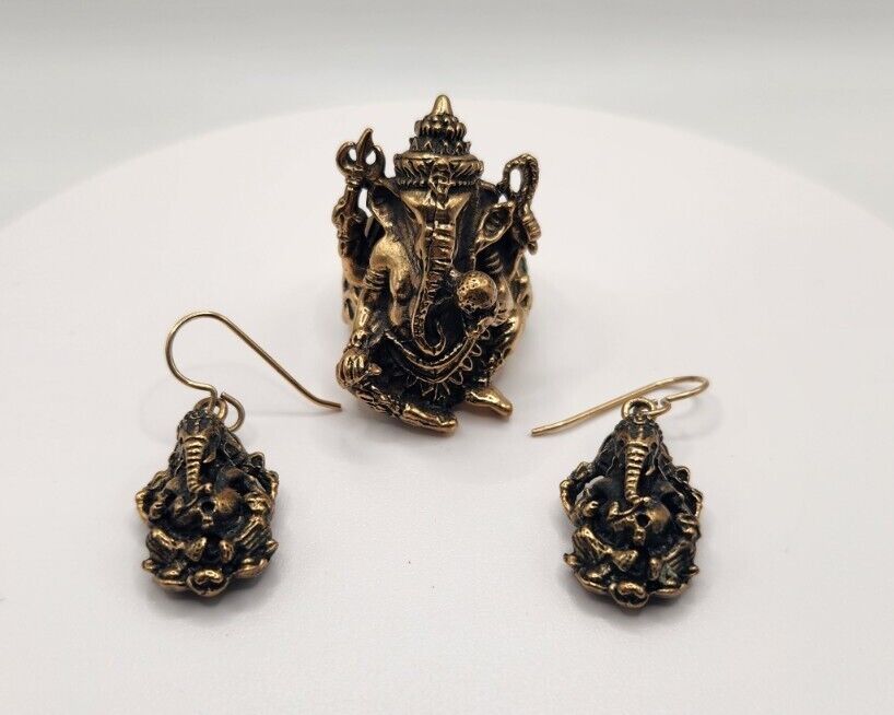 Brass Ganesha Ring & Earrings (Comes In Beautiful Handpainted Jewelry Box)