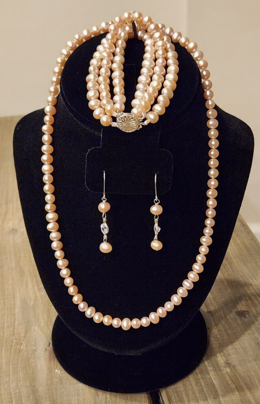 Freshwater Pink Pearl Jewelry Set. Necklace Bracelet & Earrings