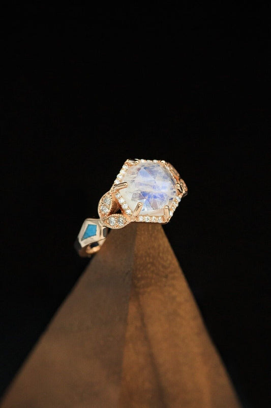 Halo-style Hexagon Faceted Moonstone Diamond Ring w/ Turquoise Inlay Sz 6.5